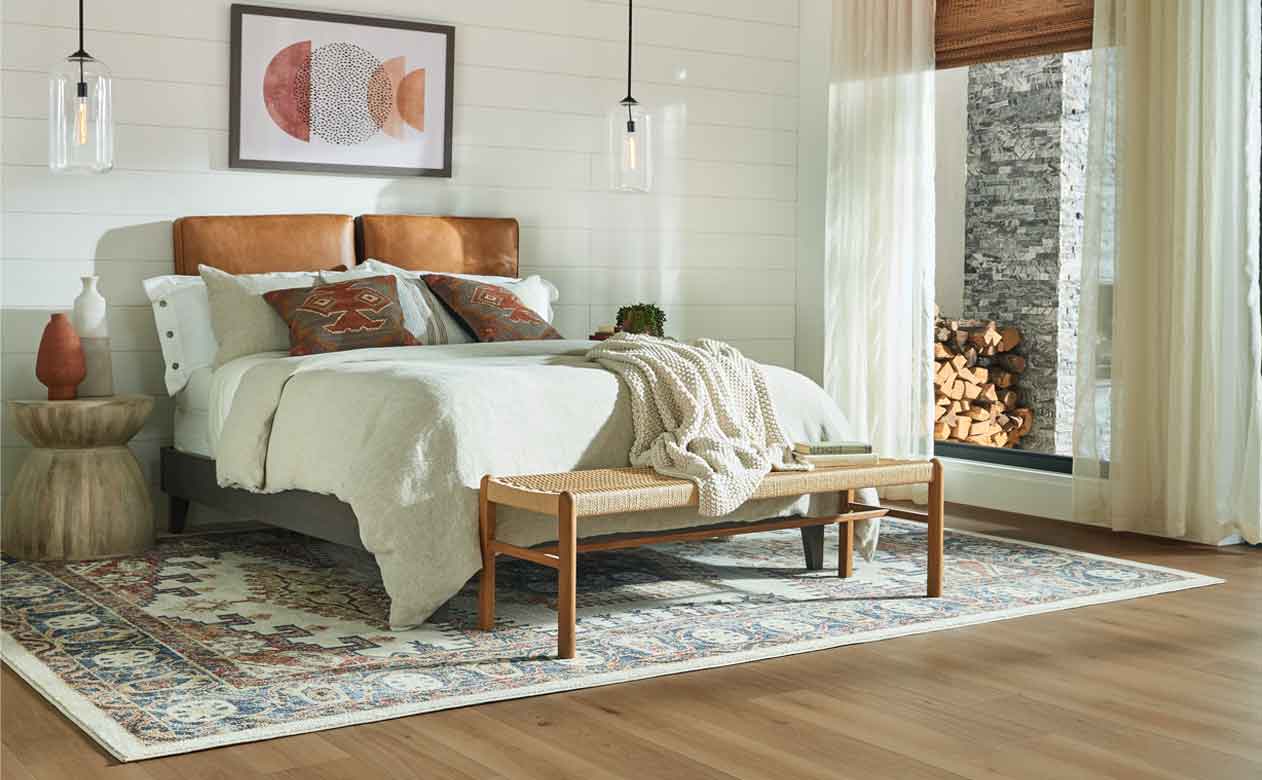 patterned rug in bedroom