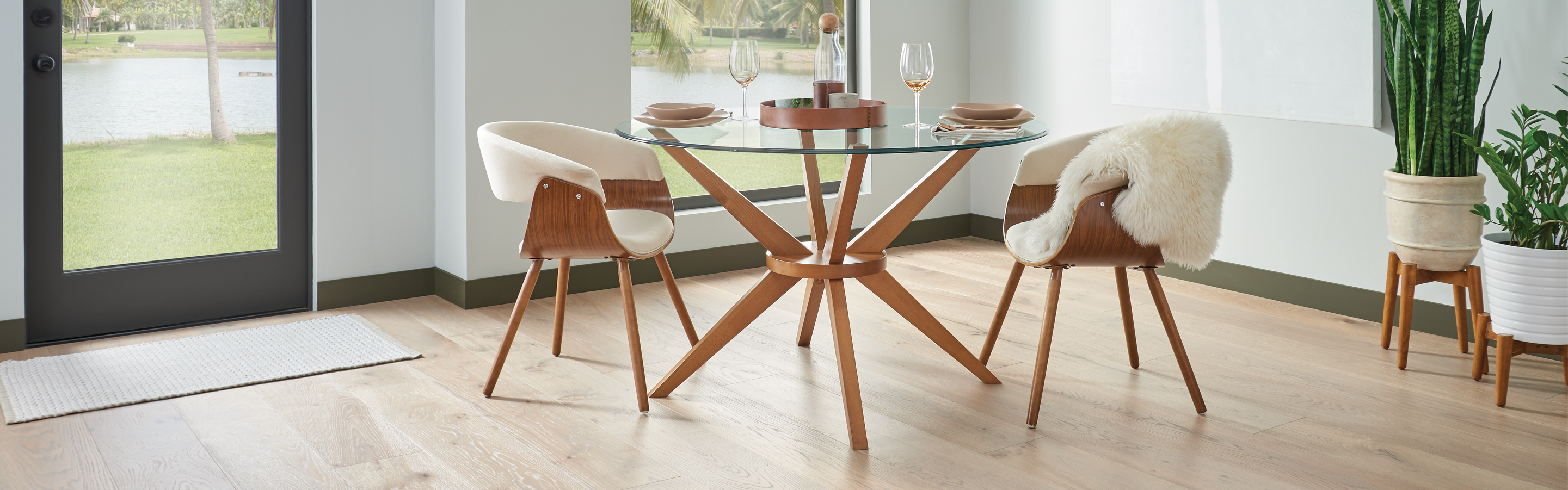 light toned hardwood flooring in dining room