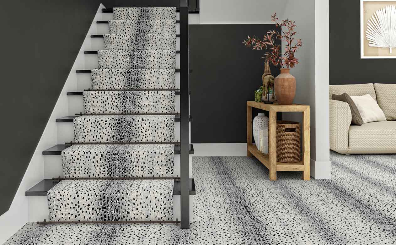 Grey leopard print stairs and rug 