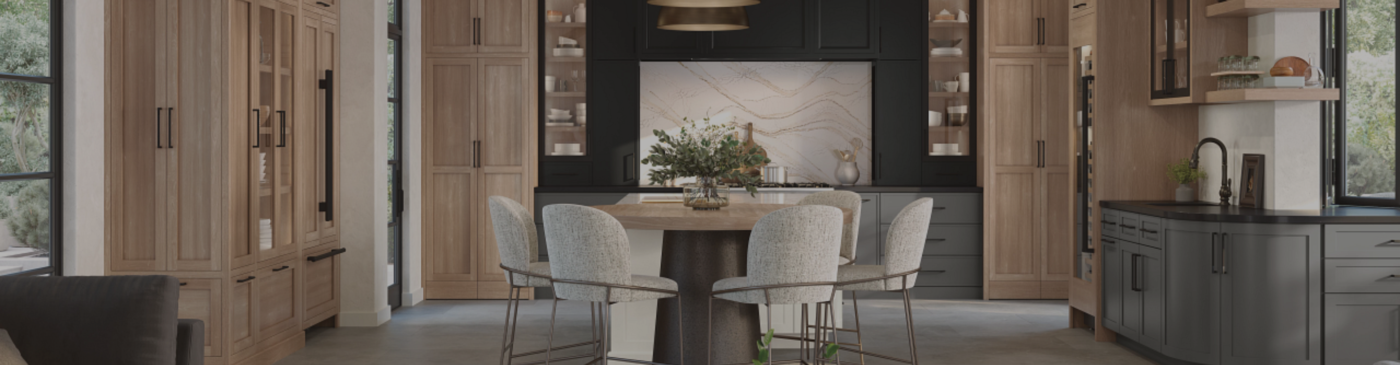 Designer kitchen with gray tile flooring and custom backsplash in Westland, MI
