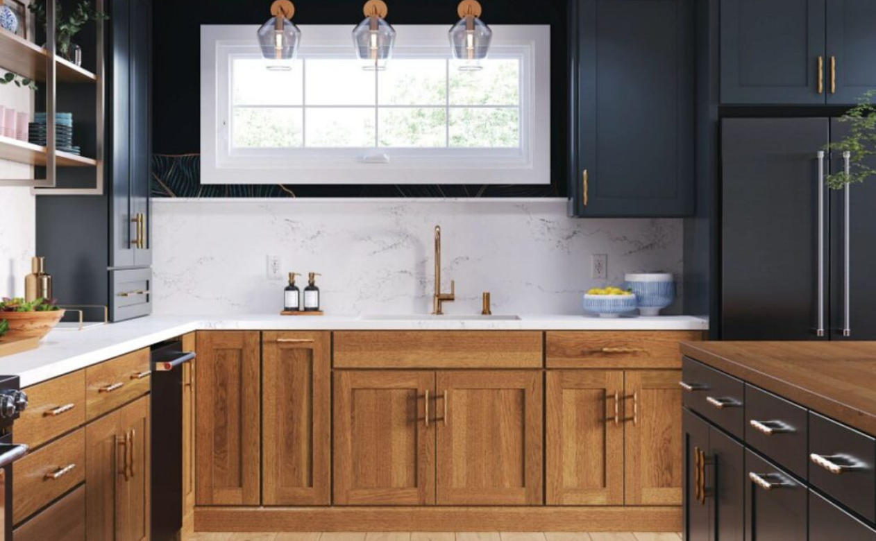 navy blue and natural wood kitchen cabinets in [location], with island